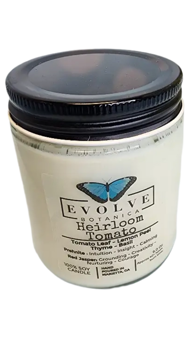 Evolve Botanica Classic 9oz Jam Jar Crystal Soy Candle - Heirloom Tomato (Prehnite & Red Jasper)