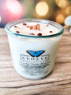 Evolve Botanica Candy Cane Mocha Rocks Candle — wood wick soy candle topped with Red Jasper and Quartz, scented with peppermint, espresso, dark cacao and sweet cream