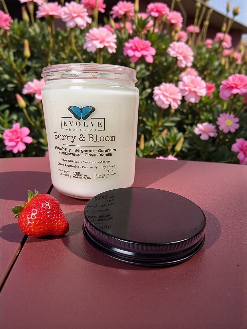 Classic 9oz Jam Jar  - Berry & Bloom (Wood Wick Soy Candle Green Aventurine Rose Quartz)