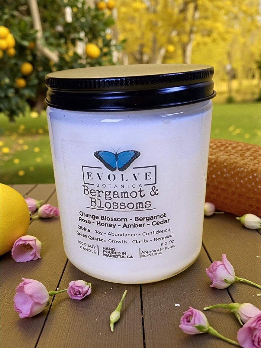 Classic 9oz Jam Jar - Bergamot & Blossoms (Wood Wick, Citrine, Green Quartz, Soy Candle)