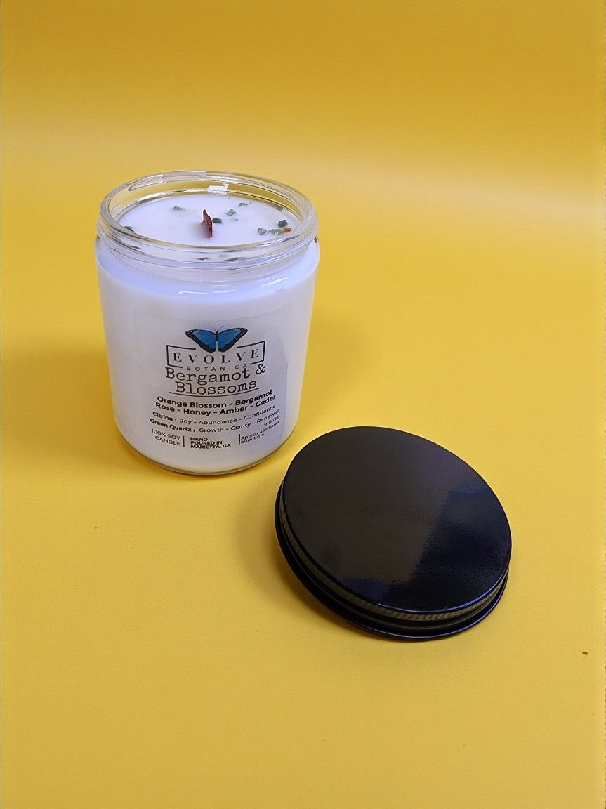 Bergamot & Blossoms 9oz Jam Jar Soy Candle, Citrine & Green Quartz