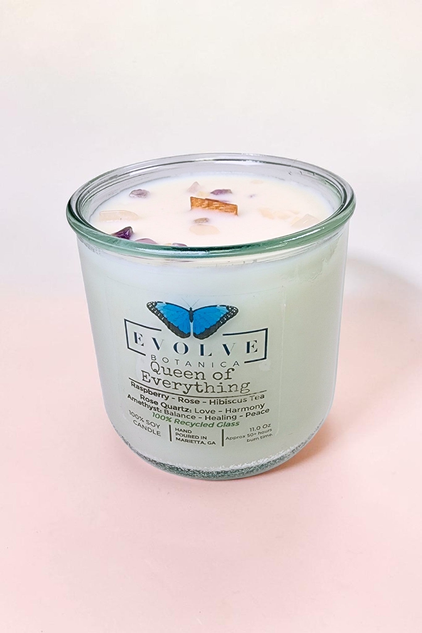 Queen of Everything wood wick soy candle lit — royal floral atmosphere