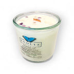 Queen of Everything candle top-down — wood wick with Rose Quartz & Amethyst-topped