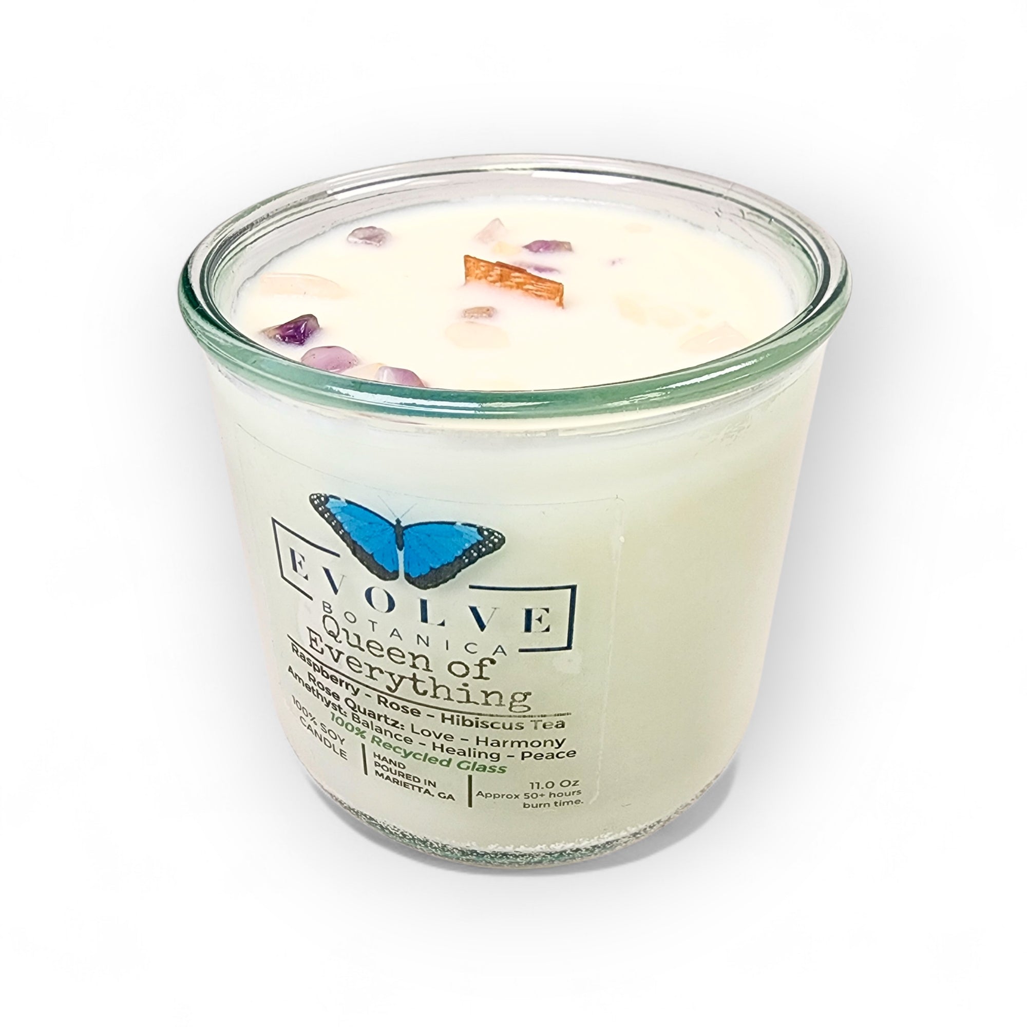 Queen of Everything candle top-down — wood wick with Rose Quartz & Amethyst-topped