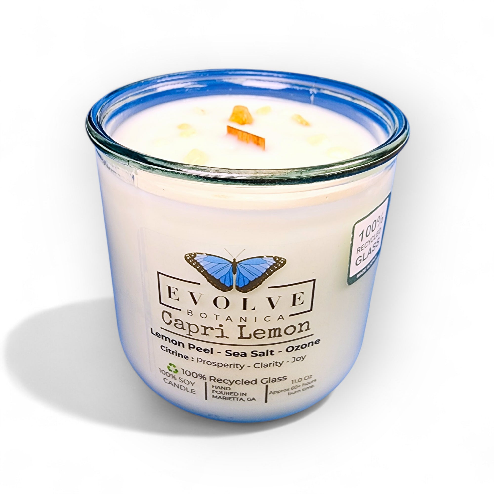 Capri Lemon candle from above showing yellow soy wax and Citrine crystal