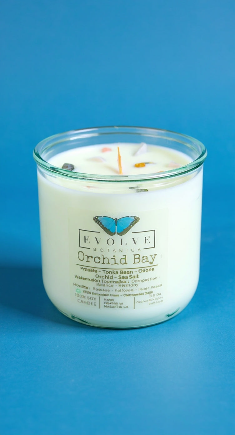 Rocks Candle - Orchid Bay (Wood Wick, Watermelong Tourmaline & Howlite, Soy Candle)