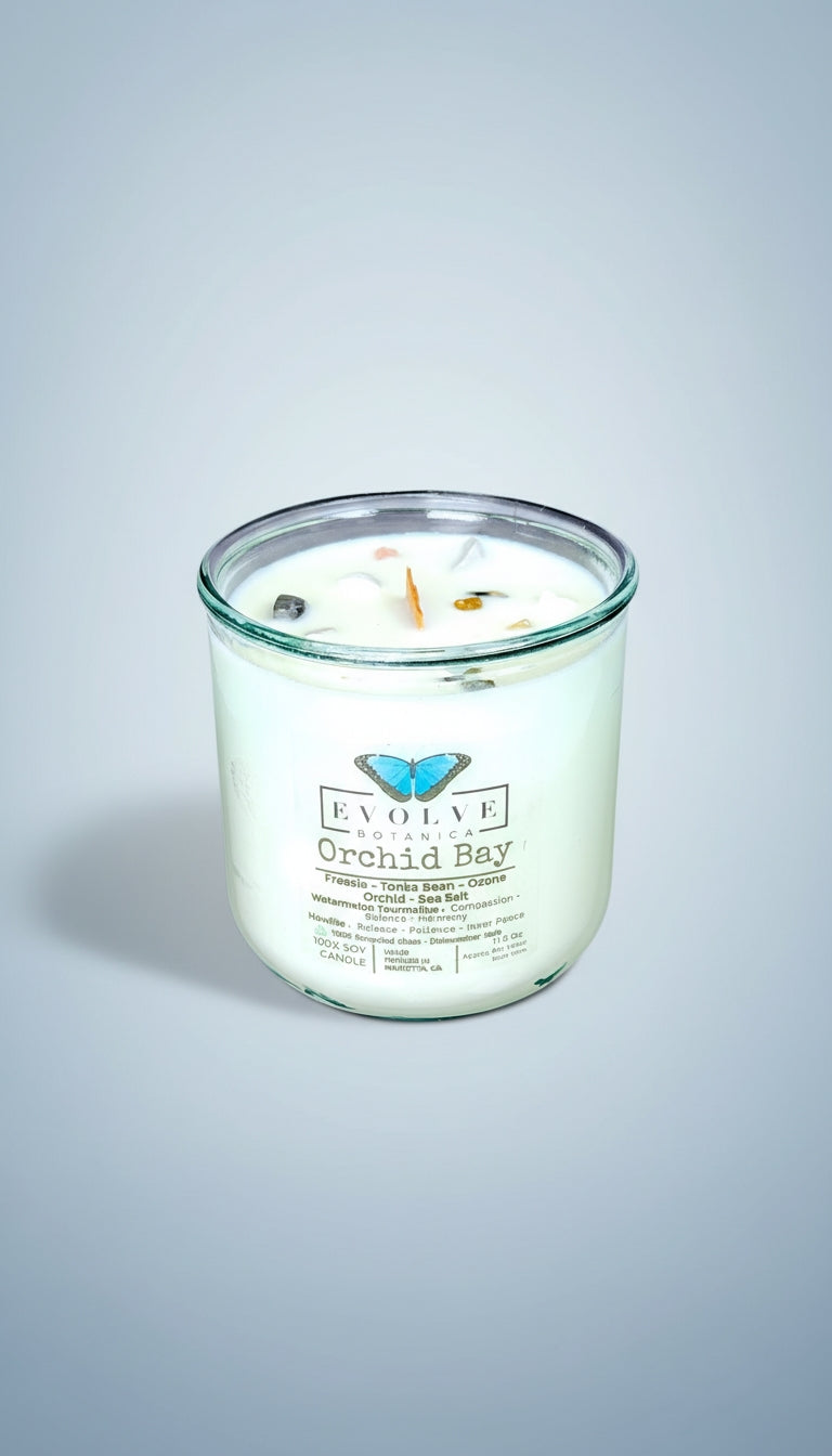 Rocks Candle - Orchid Bay (Wood Wick, Watermelong Tourmaline & Howlite, Soy Candle)