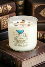 Spellbound candle top-down view — wood wick, crystal-topped witchy candle