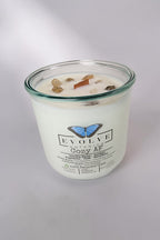Evolve Botanica Cozy AF Rocks Candle — wood wick soy candle topped with Gold Rutilated Quartz and Smoky Quartz, scented with espresso, bourbon, amber, oak and vanilla bean
