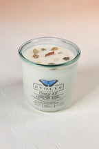 Evolve Botanica Cozy AF Rocks Candle — wood wick soy candle topped with Gold Rutilated Quartz and Smoky Quartz, scented with espresso, bourbon, amber, oak and vanilla bean