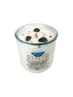 Evolve Botanica Go Touch Grass Rocks Candle — wood wick soy candle topped with Moss Agate and Ruby Zoisite, scented with petrichor, moss, cedarwood, sandalwood and mushroom