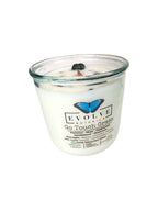 Evolve Botanica Go Touch Grass Rocks Candle — wood wick soy candle topped with Moss Agate and Ruby Zoisite, scented with petrichor, moss, cedarwood, sandalwood and mushroom