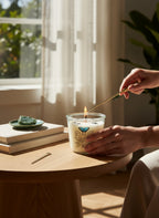 Evolve Botanica Go Touch Grass Rocks Candle — wood wick soy candle topped with Moss Agate and Ruby Zoisite, scented with petrichor, moss, cedarwood, sandalwood and mushroom