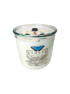 Evolve Botanica Go Touch Grass Rocks Candle — wood wick soy candle topped with Moss Agate and Ruby Zoisite, scented with petrichor, moss, cedarwood, sandalwood and mushroom