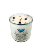 Evolve Botanica Havana Nights Rocks Candle — wood wick soy candle topped with Crazy Lace Agate and Onyx, scented with teak, tobacco leaf, sandalwood, black peppercorn and amber