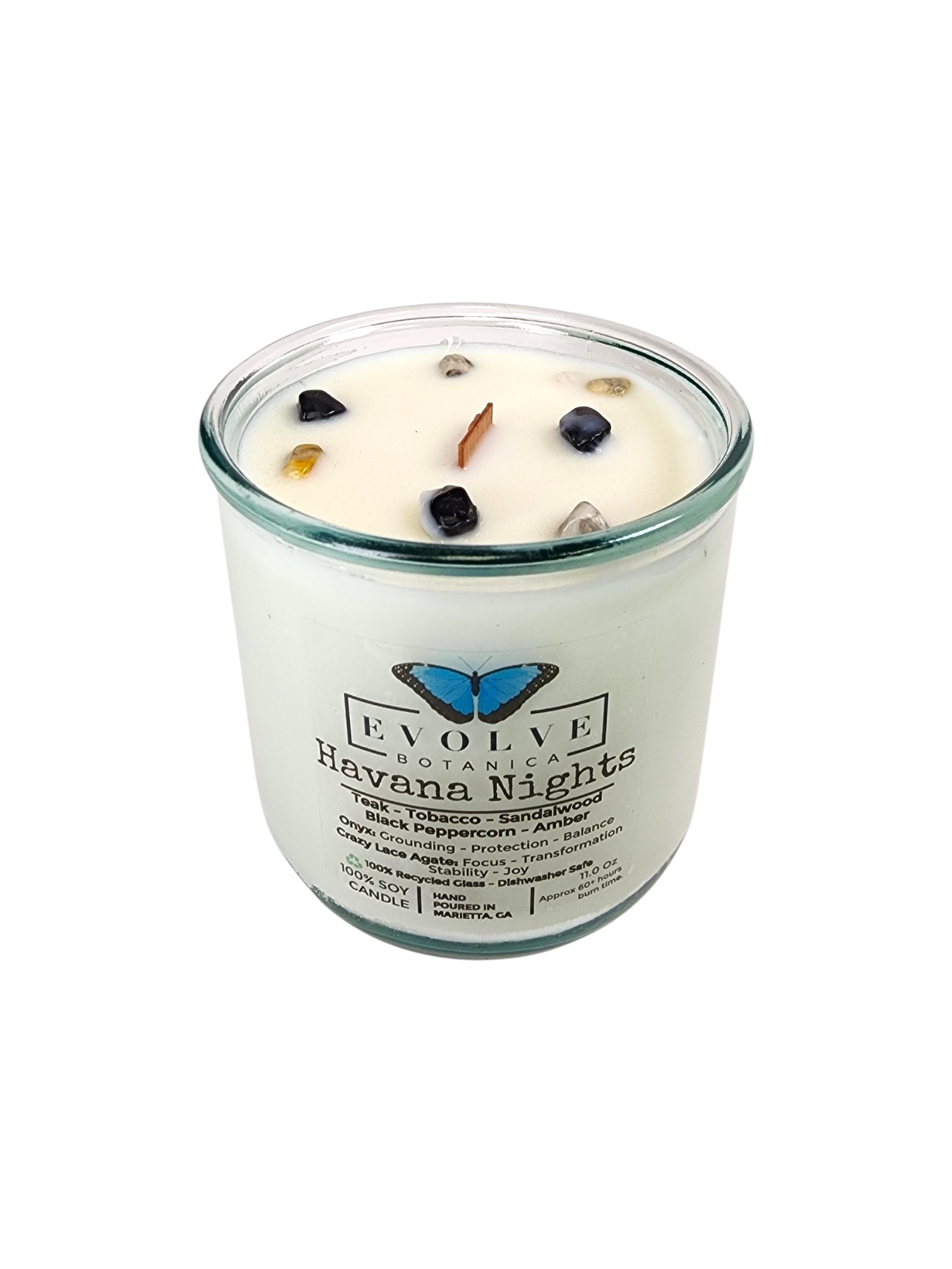 Evolve Botanica Havana Nights Rocks Candle — wood wick soy candle topped with Crazy Lace Agate and Onyx, scented with teak, tobacco leaf, sandalwood, black peppercorn and amber