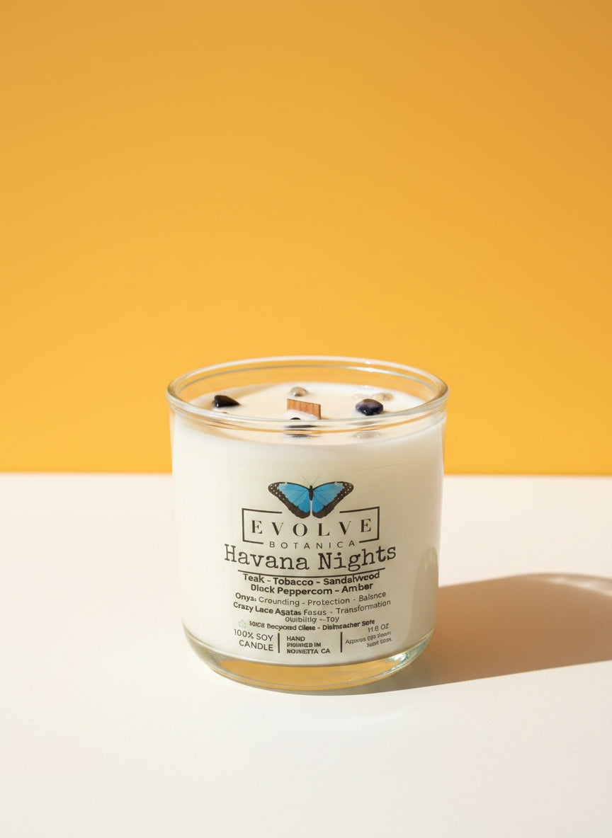 Evolve Botanica Havana Nights Rocks Candle — wood wick soy candle topped with Crazy Lace Agate and Onyx, scented with teak, tobacco leaf, sandalwood, black peppercorn and amber