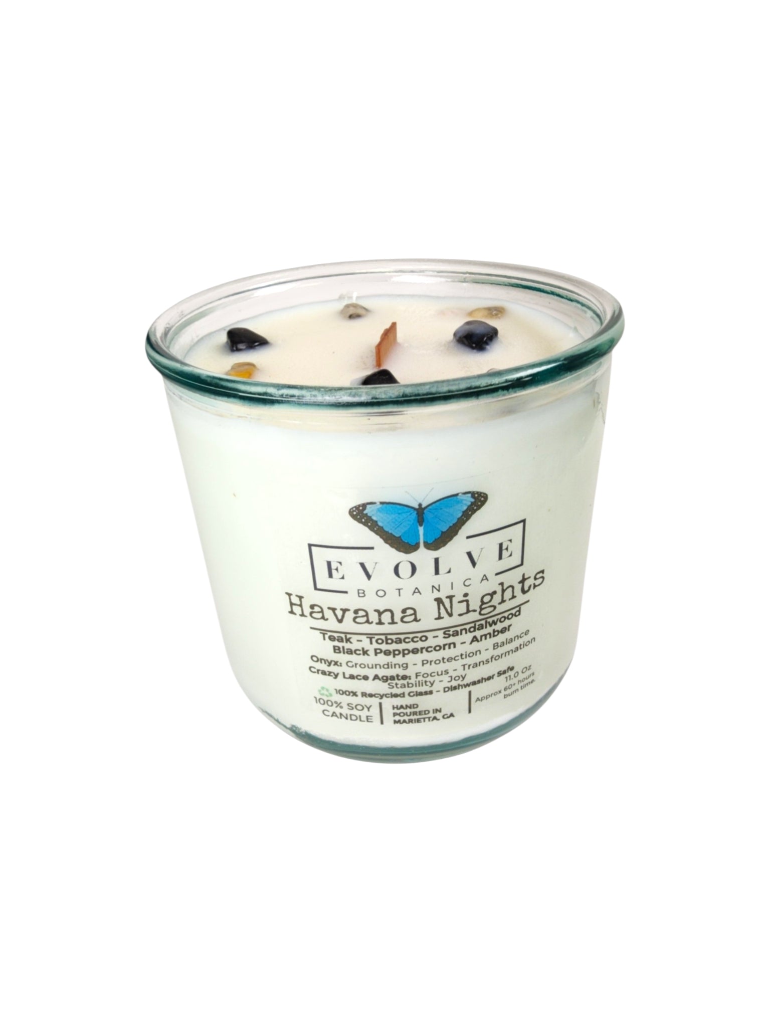 Evolve Botanica Havana Nights Rocks Candle — wood wick soy candle topped with Crazy Lace Agate and Onyx, scented with teak, tobacco leaf, sandalwood, black peppercorn and amber