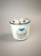 Evolve Botanica Havana Nights Rocks Candle — wood wick soy candle topped with Crazy Lace Agate and Onyx, scented with teak, tobacco leaf, sandalwood, black peppercorn and amber