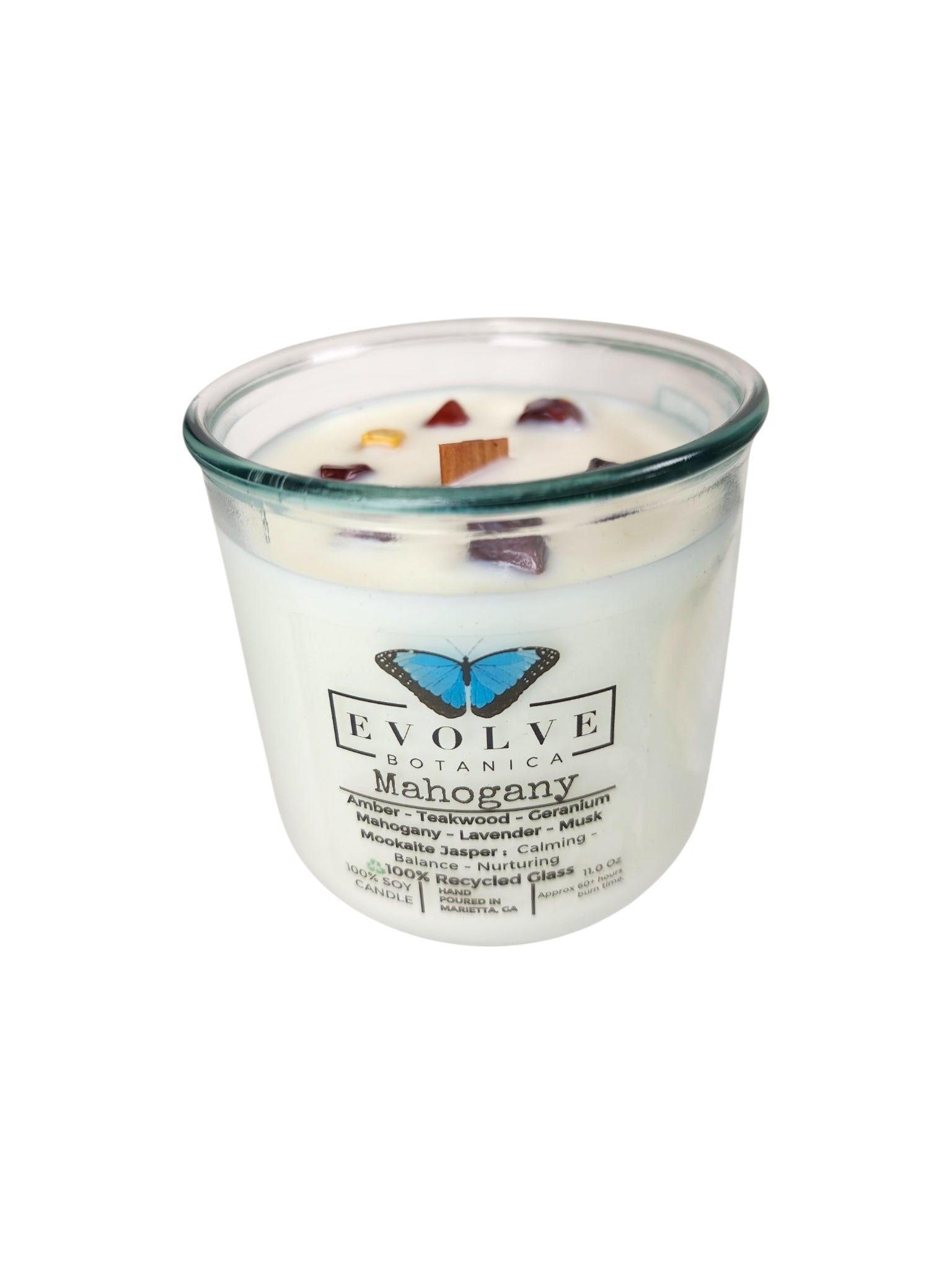 Evolve Botanica Mahogany Rocks Candle — wood wick soy candle topped with Mookaite Jasper, scented with amber, teakwood, mahogany, geranium, lavender and musk
