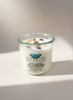 Evolve Botanica Mahogany Rocks Candle — wood wick soy candle topped with Mookaite Jasper, scented with amber, teakwood, mahogany, geranium, lavender and musk