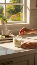 Sigil & Smoke Rocks candle being lit on a sunlit kitchen counter — peppercorn, guaiac and tobacco leaf soy candle with onyx and blue kyanite topper