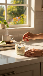Sigil & Smoke Rocks candle being lit on a sunlit kitchen counter — peppercorn, guaiac and tobacco leaf soy candle with onyx and blue kyanite topper