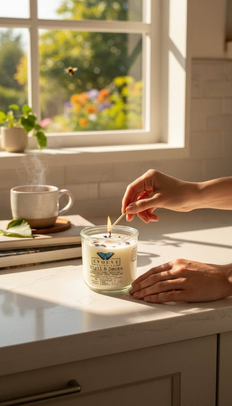 Sigil & Smoke Rocks candle being lit on a sunlit kitchen counter — peppercorn, guaiac and tobacco leaf soy candle with onyx and blue kyanite topper
