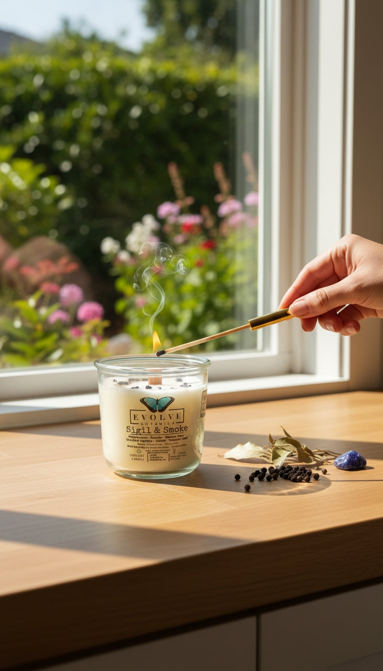 Sigil & Smoke Rocks candle on a sunlit windowsill with loose peppercorns and crystals — Balsam Peru and tobacco leaf soy candle, Evolve Botanica