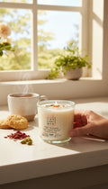 Evolve Botanica Hill Station Rocks Candle — wood wick soy candle topped with loose Hill Station chai (Chai Box × Evolve Botanica collab), scented with rose, cardamom and black tea