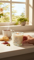Evolve Botanica Hill Station Rocks Candle — wood wick soy candle topped with loose Hill Station chai (Chai Box × Evolve Botanica collab), scented with rose, cardamom and black tea