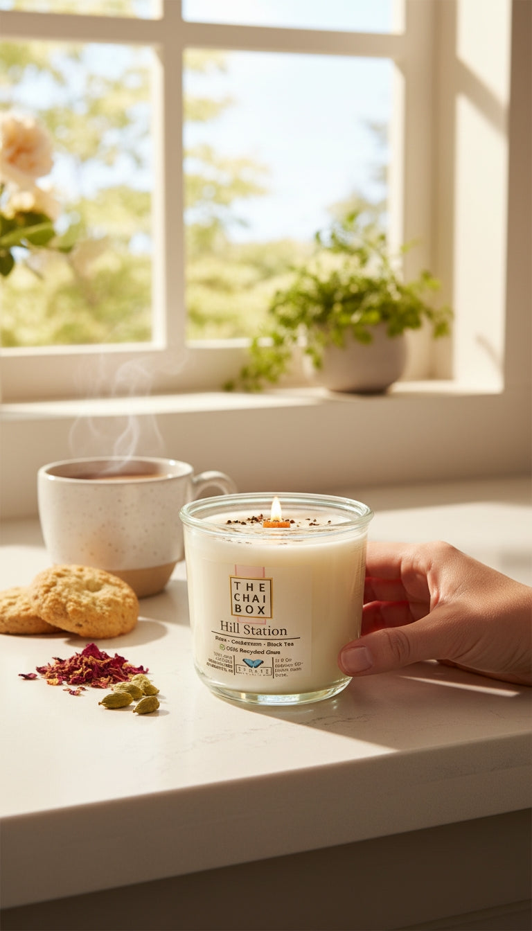 Evolve Botanica Hill Station Rocks Candle — wood wick soy candle topped with loose Hill Station chai (Chai Box × Evolve Botanica collab), scented with rose, cardamom and black tea