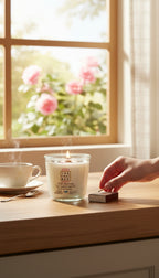 Evolve Botanica Hill Station Rocks Candle — wood wick soy candle topped with loose Hill Station chai (Chai Box × Evolve Botanica collab), scented with rose, cardamom and black tea