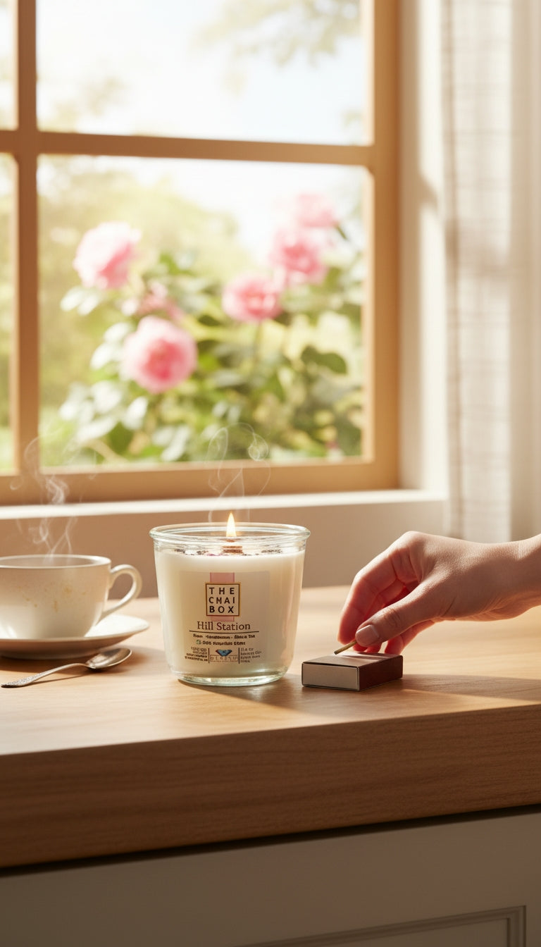 Evolve Botanica Hill Station Rocks Candle — wood wick soy candle topped with loose Hill Station chai (Chai Box × Evolve Botanica collab), scented with rose, cardamom and black tea
