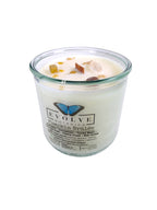 Evolve Botanica Pumpkin Brulee Rocks Candle — wood wick soy candle topped with Golden Healer Quartz and Yellow Aventurine, scented with pumpkin, cinnamon, tonka bean, orange zest, pastry crust and star anise