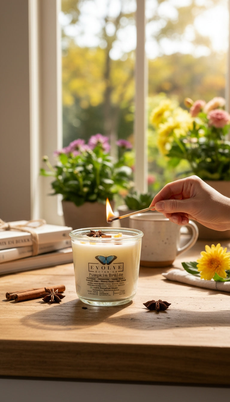 Evolve Botanica Pumpkin Brulee Rocks Candle — wood wick soy candle topped with Golden Healer Quartz and Yellow Aventurine, scented with pumpkin, cinnamon, tonka bean, orange zest, pastry crust and star anise