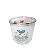Evolve Botanica Pumpkin Brulee Rocks Candle — wood wick soy candle topped with Golden Healer Quartz and Yellow Aventurine, scented with pumpkin, cinnamon, tonka bean, orange zest, pastry crust and star anise