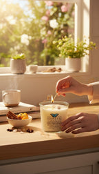 Evolve Botanica Pumpkin Brulee Rocks Candle — wood wick soy candle topped with Golden Healer Quartz and Yellow Aventurine, scented with pumpkin, cinnamon, tonka bean, orange zest, pastry crust and star anise
