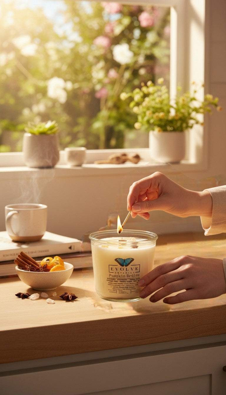 Evolve Botanica Pumpkin Brulee Rocks Candle — wood wick soy candle topped with Golden Healer Quartz and Yellow Aventurine, scented with pumpkin, cinnamon, tonka bean, orange zest, pastry crust and star anise