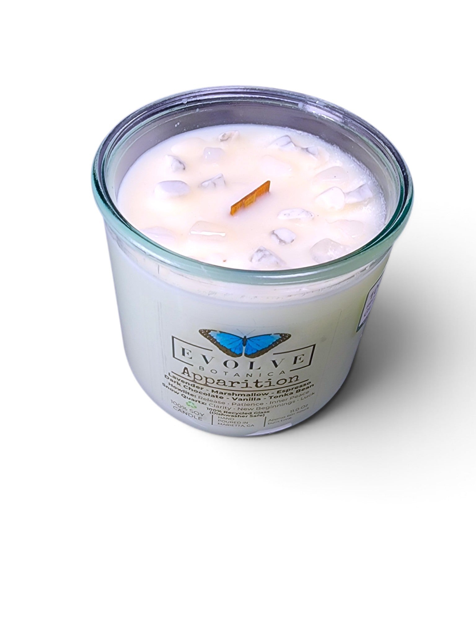 Rocks Candle – Apparition (Wood Wick, Howlite & Snow Quartz Gemstone Soy Candle)