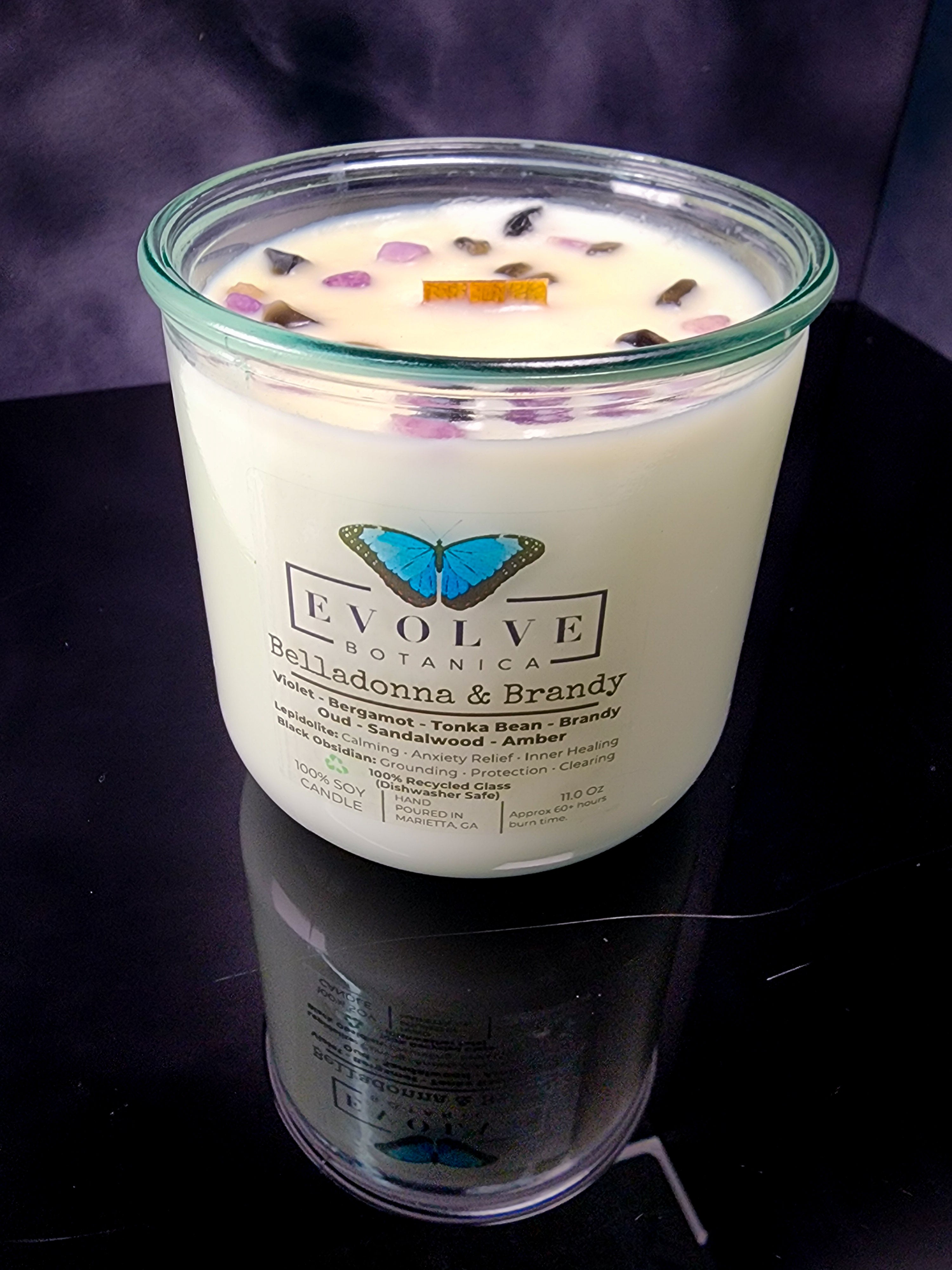 Rocks Candle – Belladonna & Brandy (Wood Wick, Lepidolite & Black Obsidian Gemstone Soy Candle)