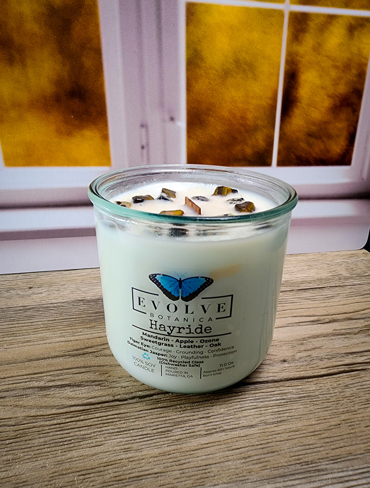 Rocks Candle – Hayride (Wood Wick, Tiger Eye & Dalmatian Jasper Gemstone Soy Candle)