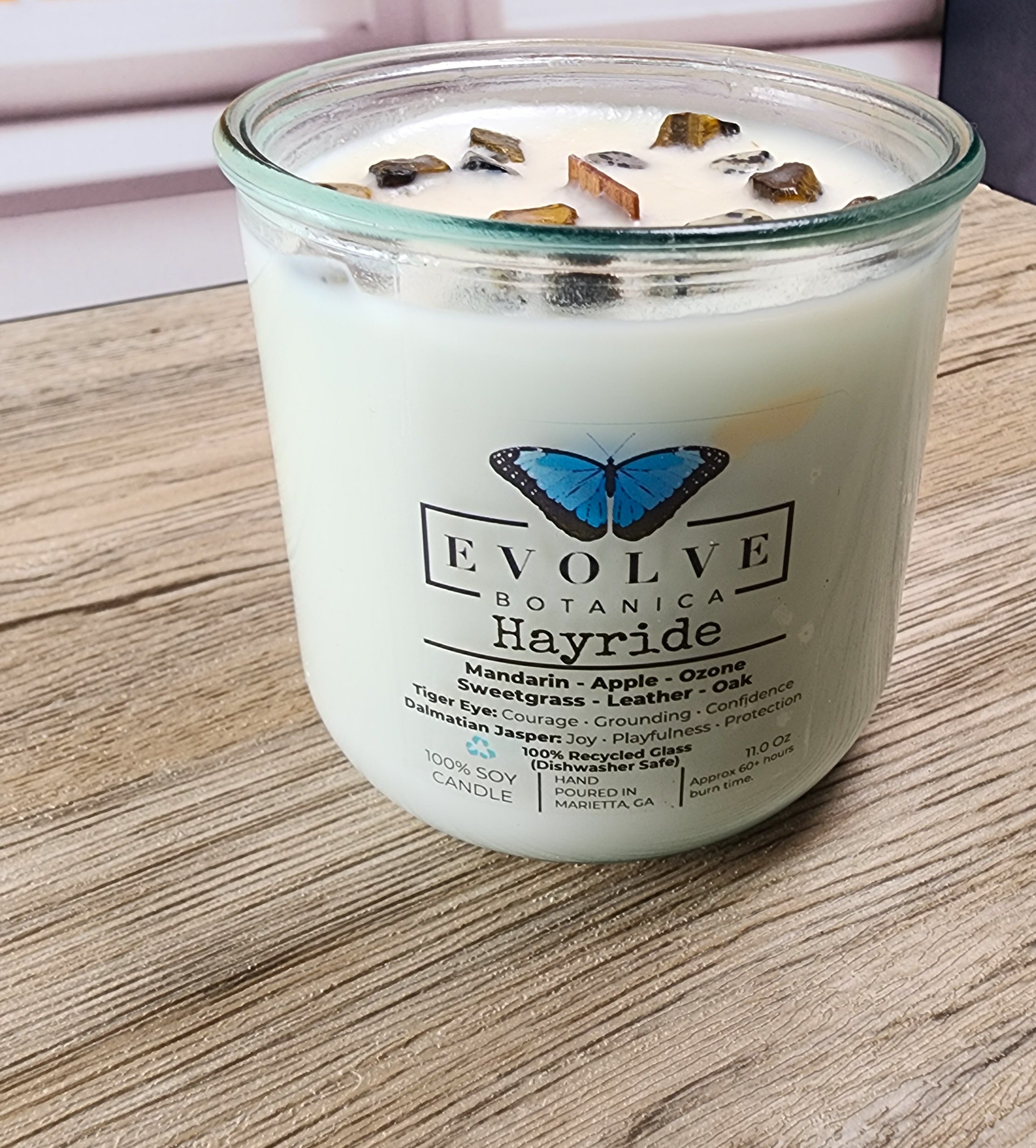 Rocks Candle – Hayride (Wood Wick, Tiger Eye & Dalmatian Jasper Gemstone Soy Candle)