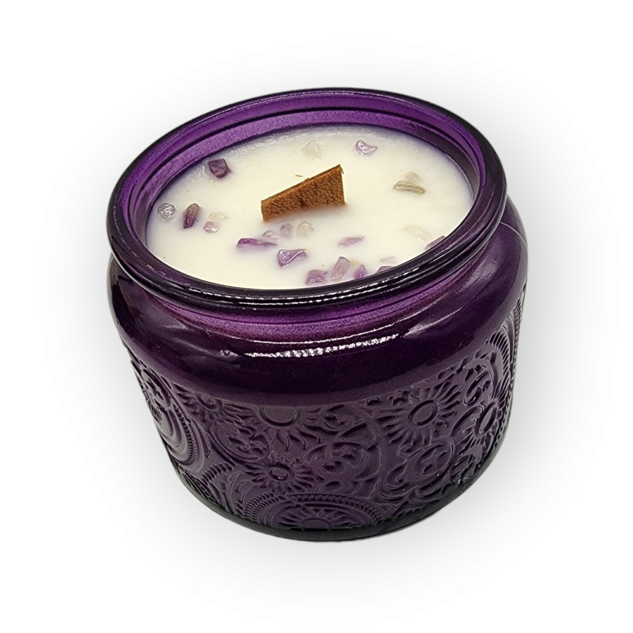 Queen of Everything - Wood Wick Soy Candle (Amethyst, Rose Quartz) - Embossed Glass