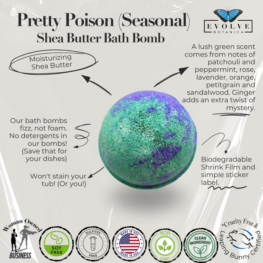 Pretty Poison Bath Bomb - patchouli, peppermint, rose, lavender, orange, petitgrain, sandalwood, ginger