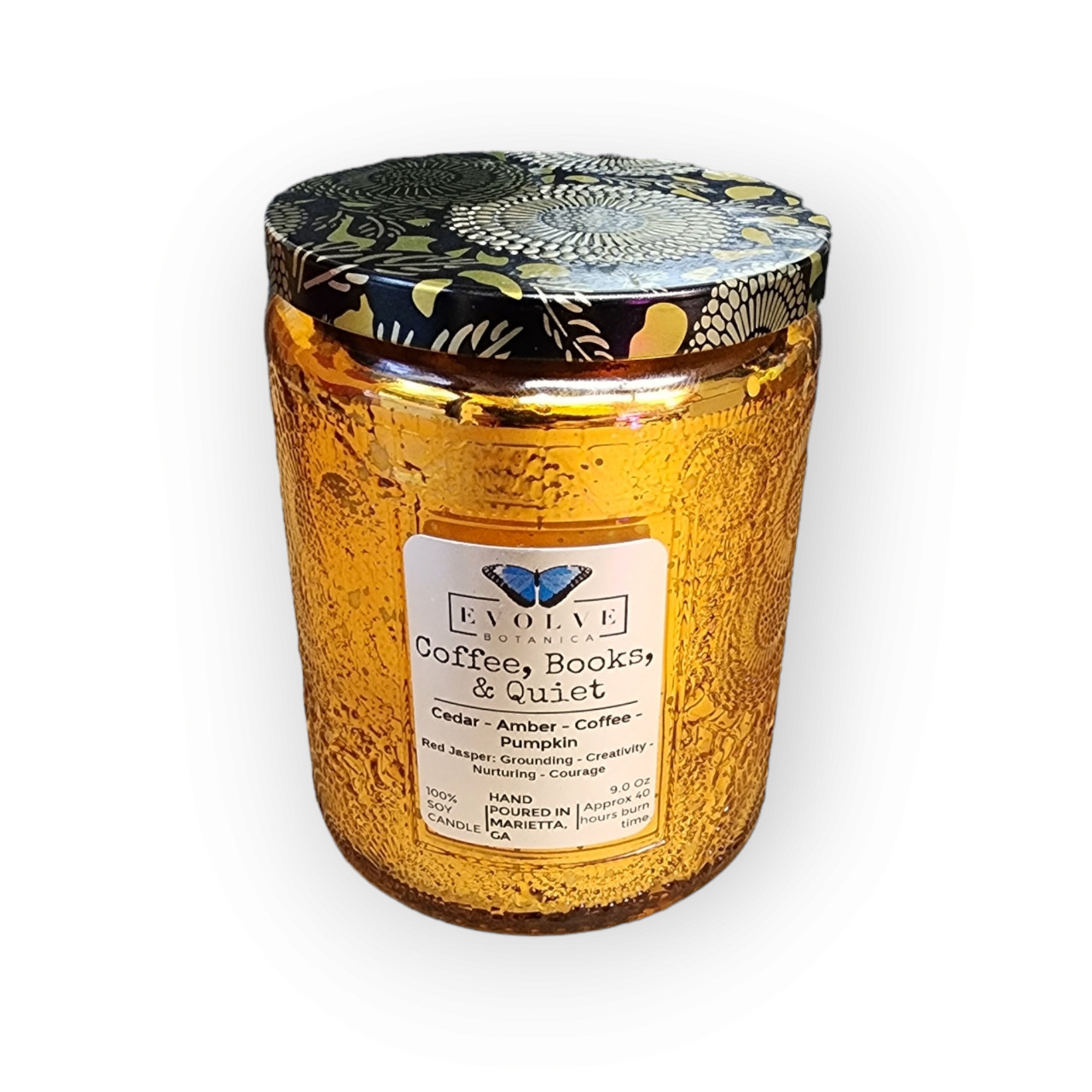 Coffee, Books, & Quiet - Wood Wick Soy Candle (Jasper) - Embossed Glass