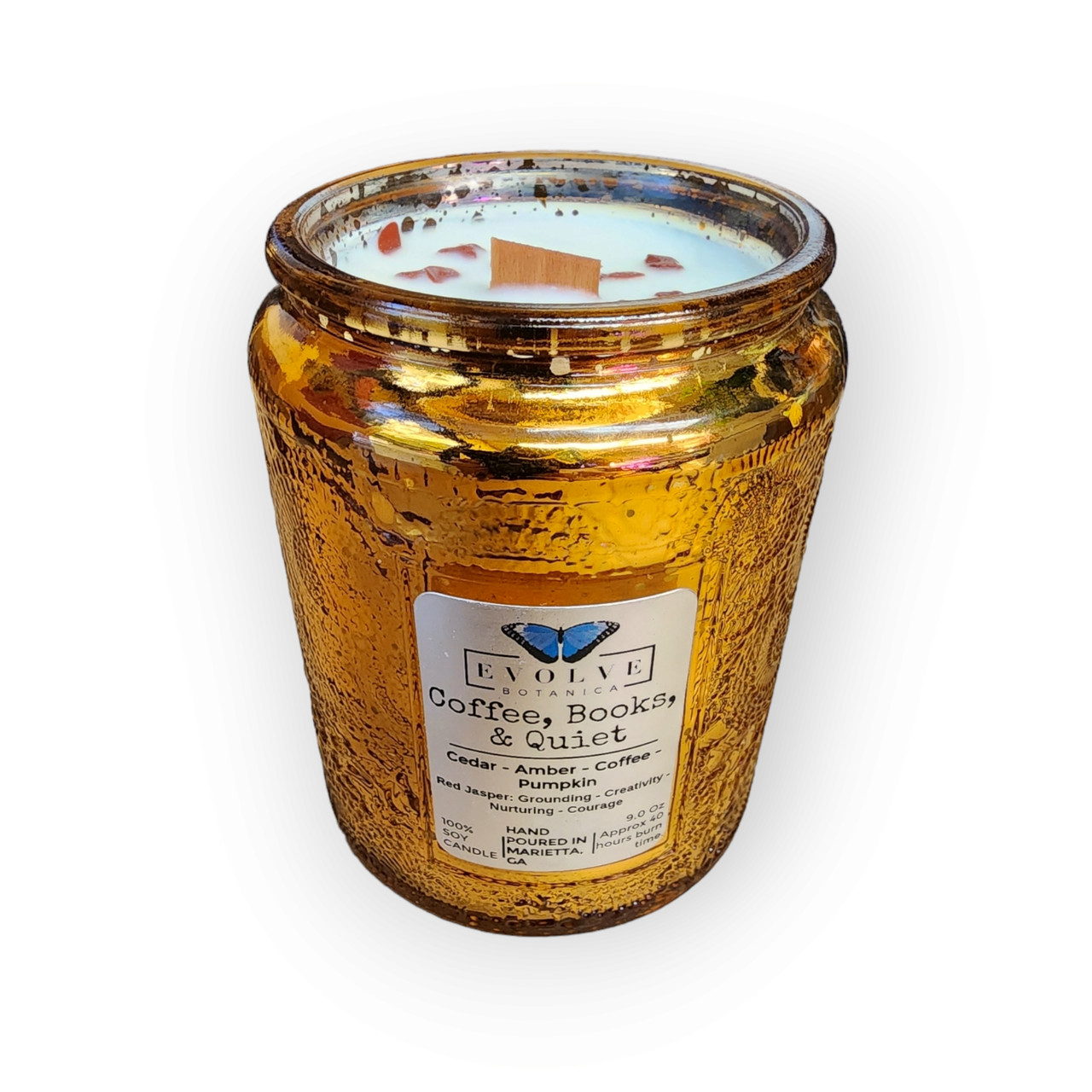 Coffee, Books, & Quiet - Wood Wick Soy Candle (Jasper) - Embossed Glass