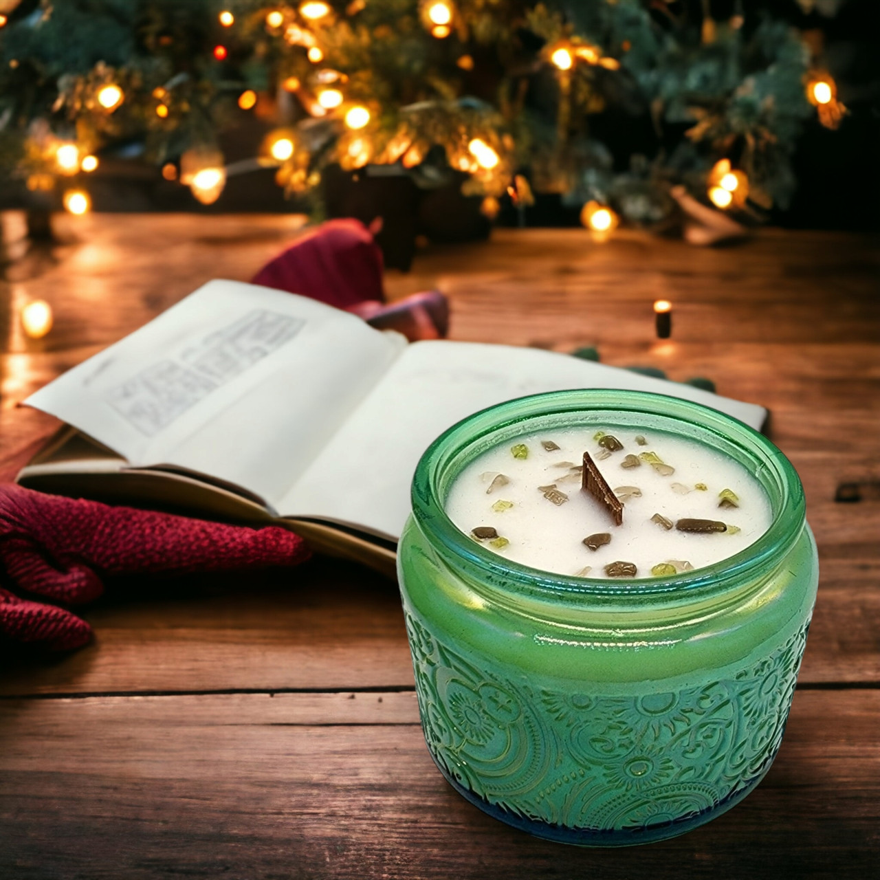Evergreen - Wood Wick Soy Candle (Peridot & Smoky Quartz )- Embossed Glass
