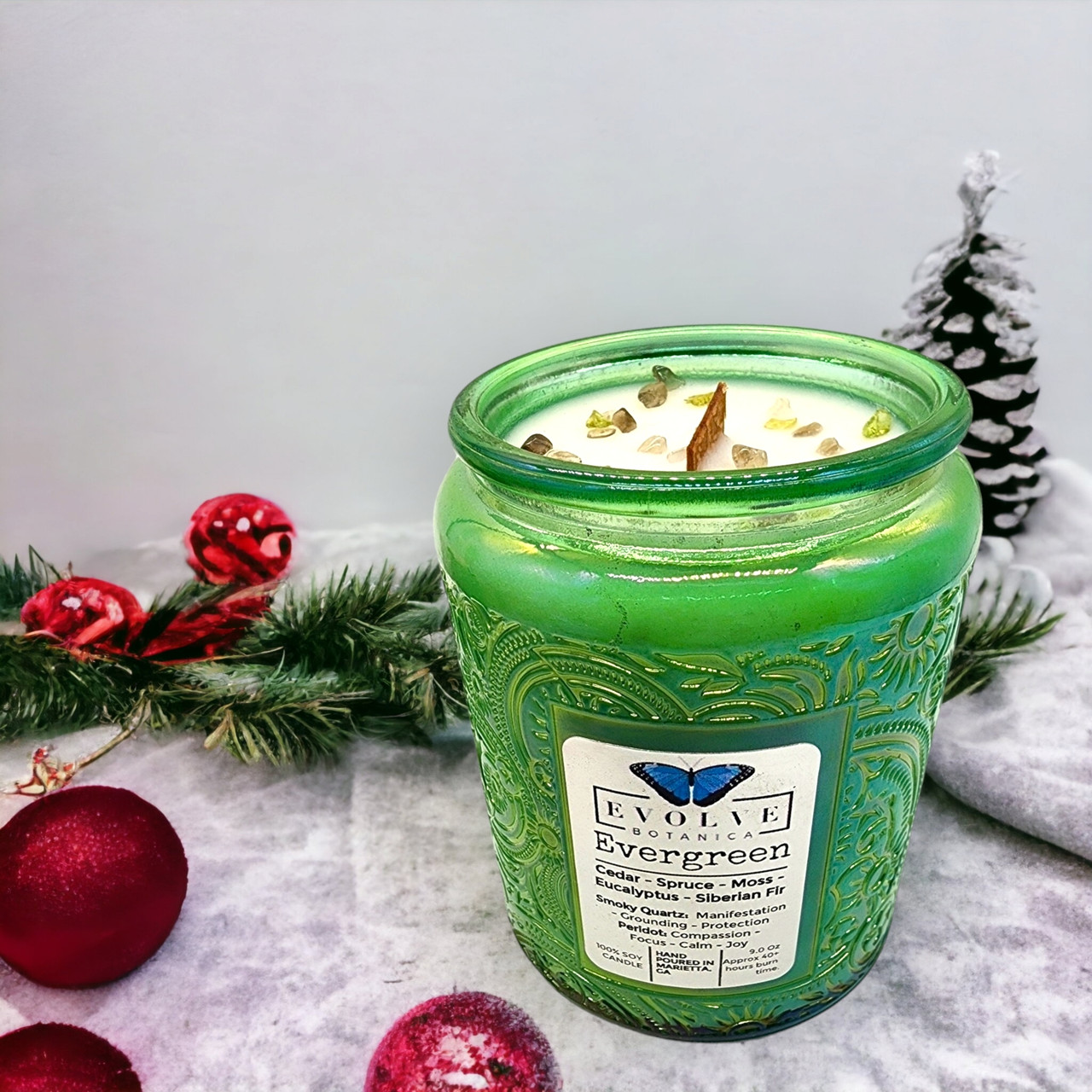Evergreen - Wood Wick Soy Candle (Peridot & Smoky Quartz )- Embossed Glass