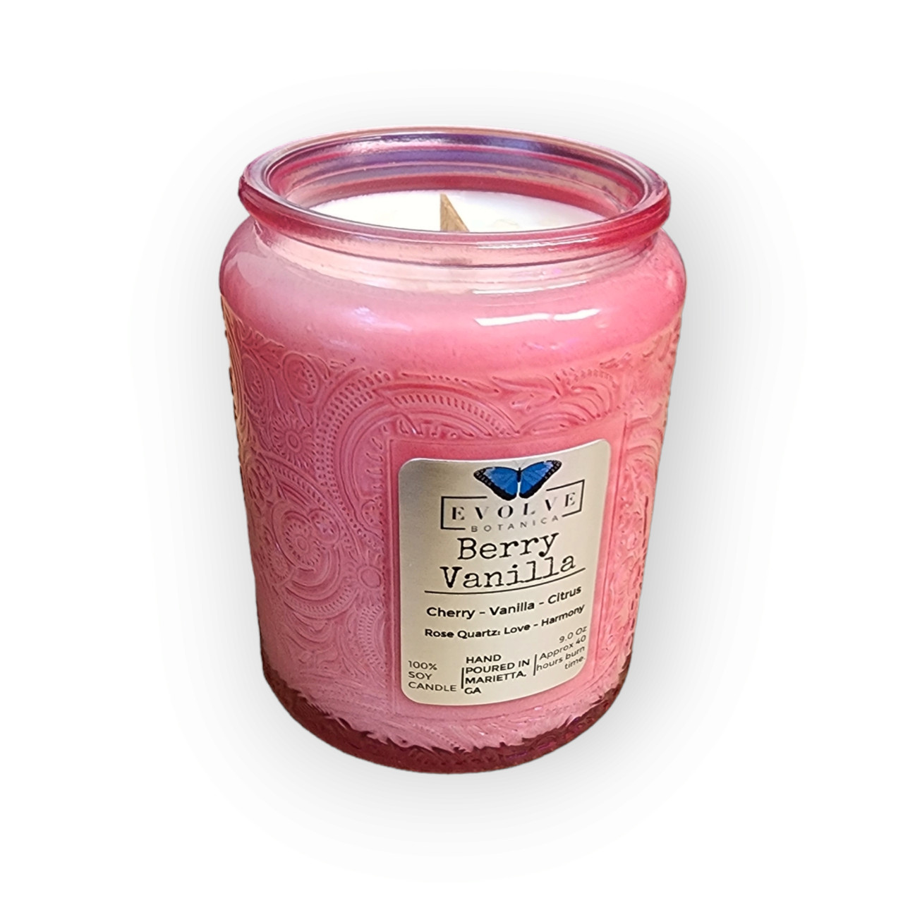 Berry Vanilla - Wood Wick Soy Candle (Rose Quartz) Embossed Glass Jar